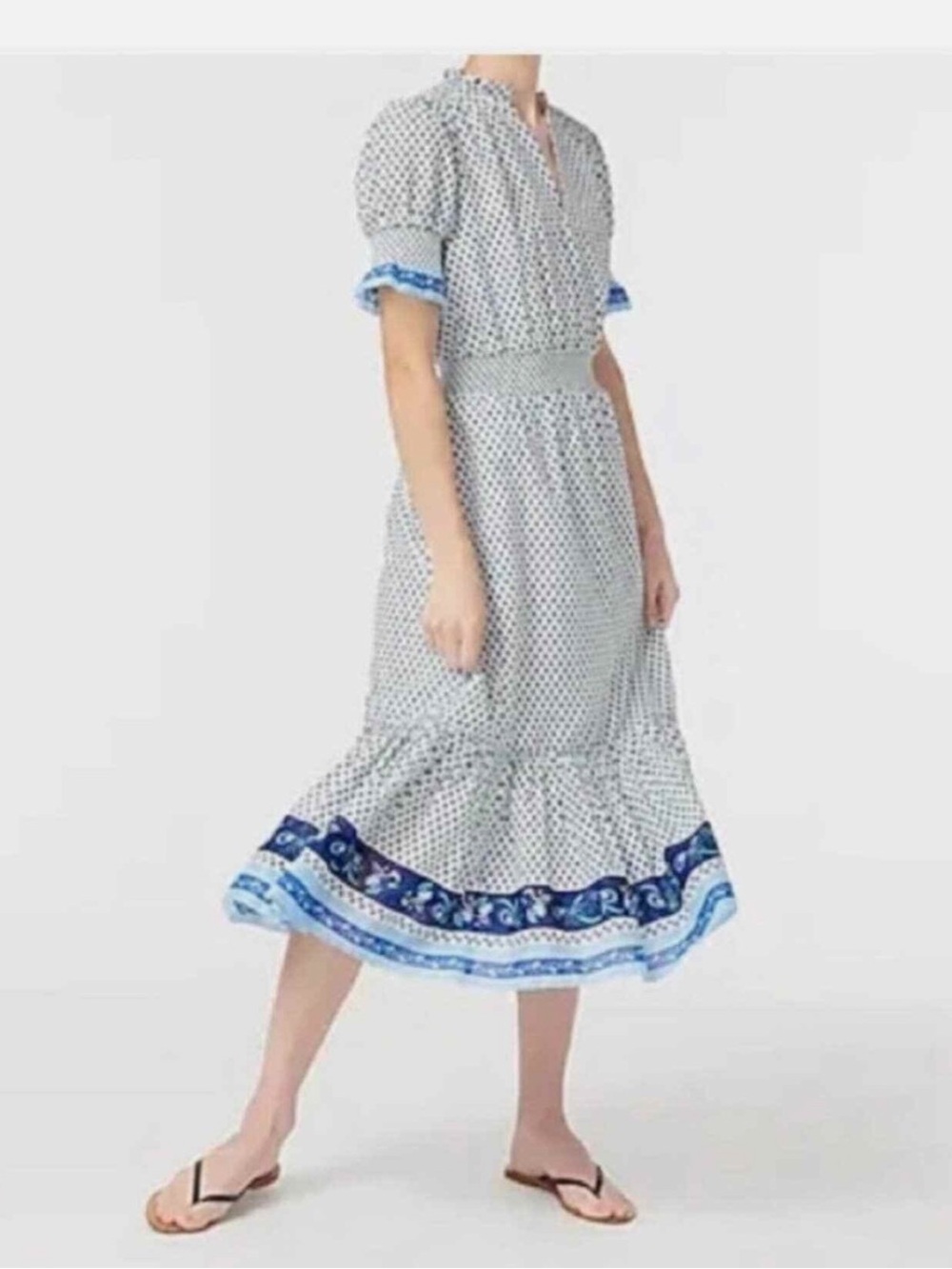 J.Crew Sz XL Ferris Cotton Midi Blue White Printed Dress Preppy Coastal Classic
